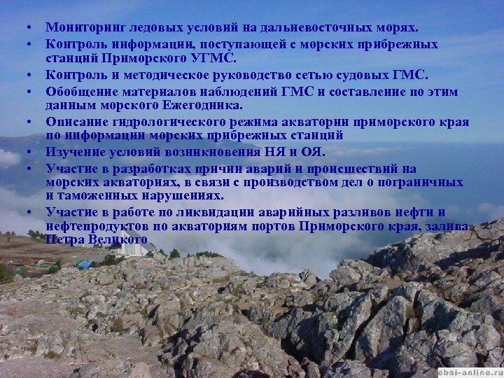  • Мониторинг ледовых условий на дальневосточных морях. • Контроль информации, поступающей с морских