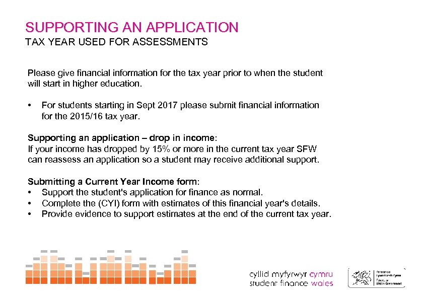 SUPPORTING AN APPLICATION TAX YEAR USED FOR ASSESSMENTS Please give financial information for the