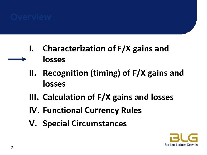 Overview I. Characterization of F/X gains and losses II. Recognition (timing) of F/X gains