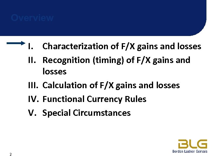 Overview I. Characterization of F/X gains and losses II. Recognition (timing) of F/X gains