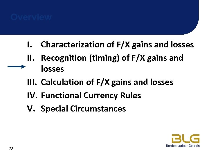 Overview I. Characterization of F/X gains and losses II. Recognition (timing) of F/X gains