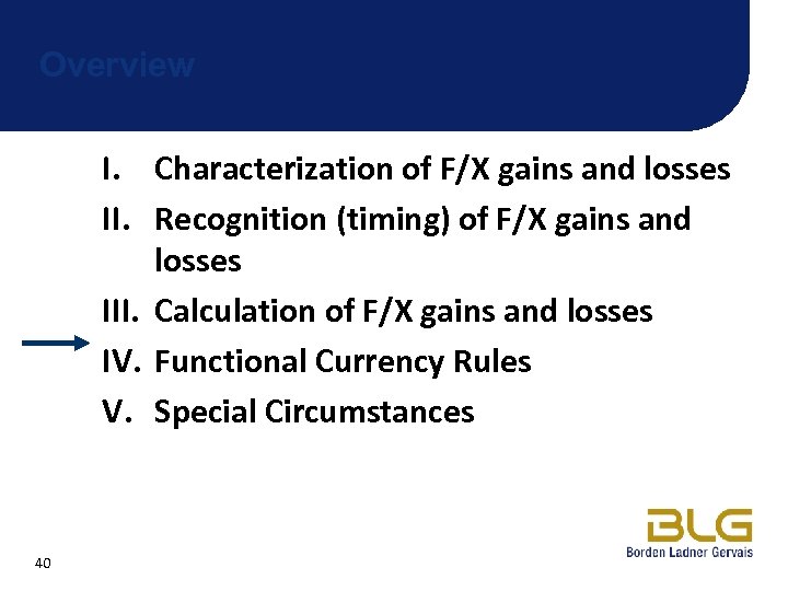 Overview I. Characterization of F/X gains and losses II. Recognition (timing) of F/X gains