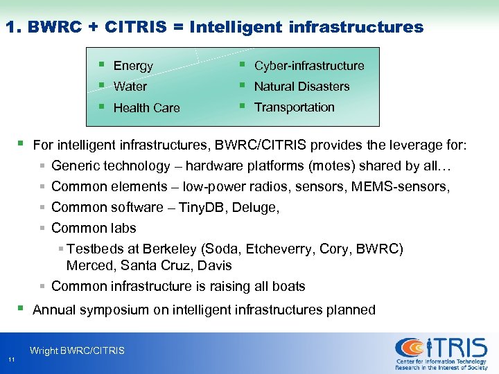 1. BWRC + CITRIS = Intelligent infrastructures § § Energy Water Health Care §