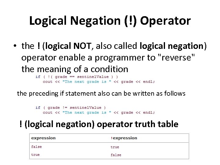 Logical Negation (!) Operator • the ! (logical NOT, also called logical negation) operator