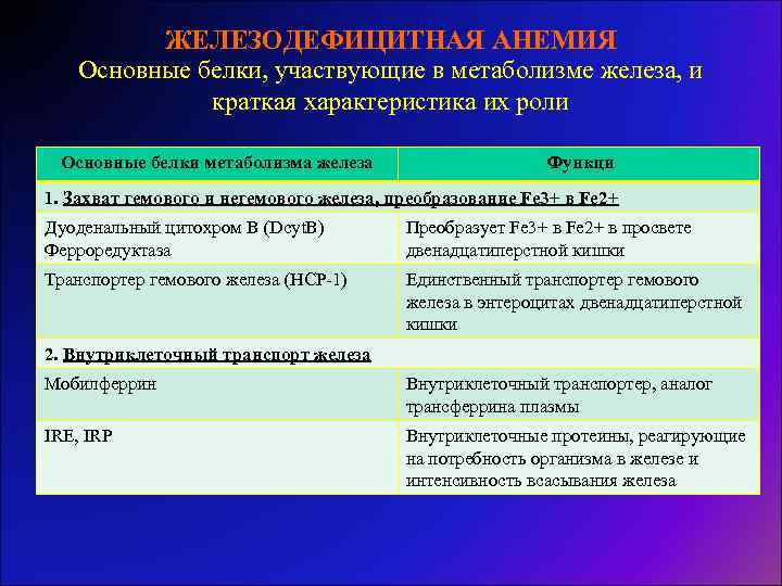 ЖЕЛЕЗОДЕФИЦИТНАЯ АНЕМИЯ Основные белки, участвующие в метаболизме железа, и краткая характеристика их роли Основные