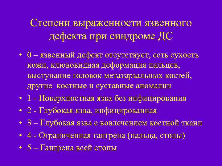 Степени выраженности язвенного дефекта при синдроме ДС • 0 – язвенный дефект отсутствует, есть