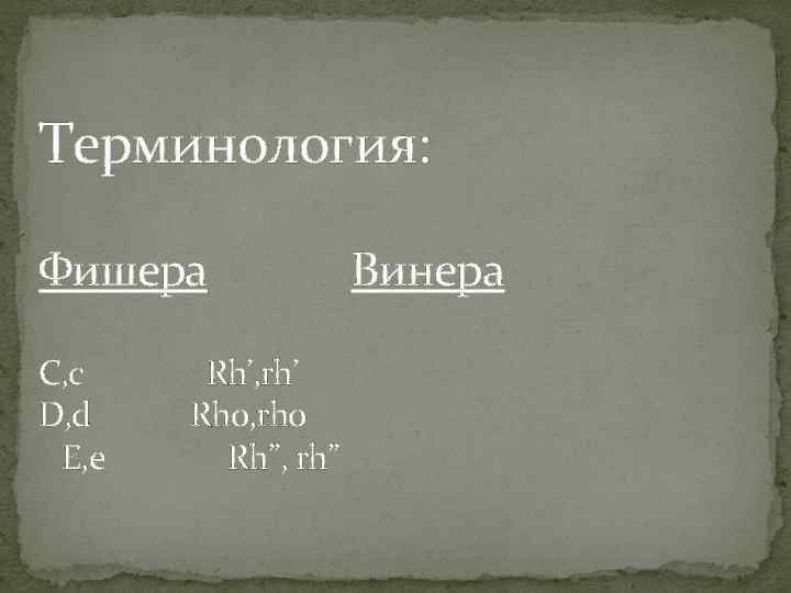Терминология: Фишера Винера С, c Rh’, rh’ D, d Rho, rho E, e Rh’’,