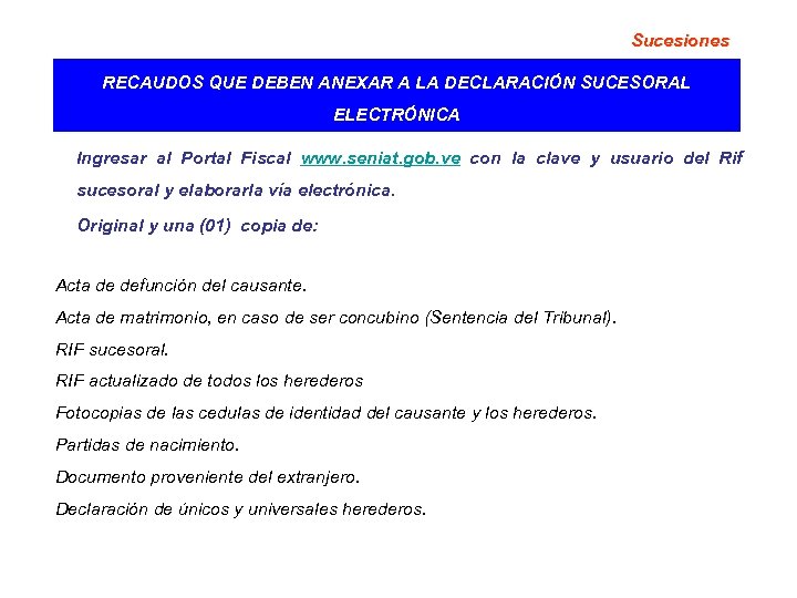 Sucesiones RECAUDOS QUE DEBEN ANEXAR A LA DECLARACIÓN SUCESORAL ELECTRÓNICA Ingresar al Portal Fiscal