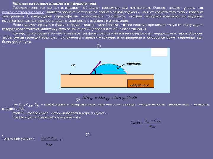 Явления на границе жидкости и твёрдого тела Твёрдые тела, так же как и жидкости,
