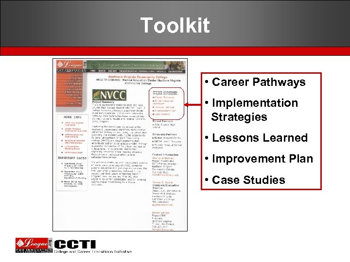 Toolkit • Career Pathways • Implementation Strategies • Lessons Learned • Improvement Plan •