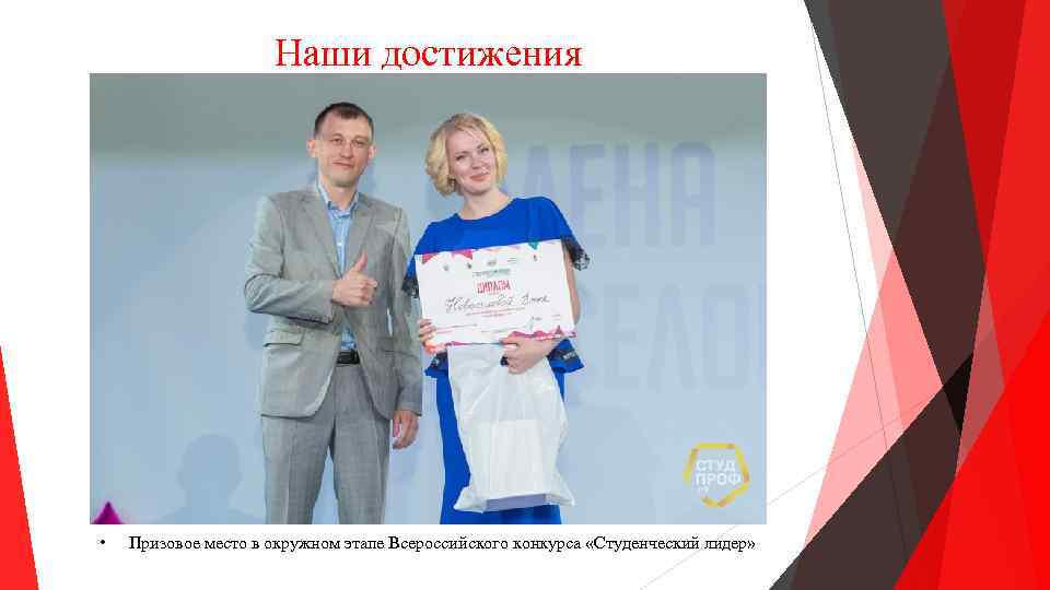 Наши достижения • Призовое место в окружном этапе Всероссийского конкурса «Студенческий лидер» 