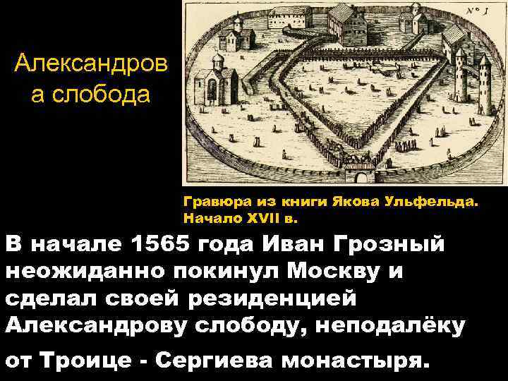 Александров а слобода Гравюра из книги Якова Ульфельда. Начало XVII в. В начале 1565