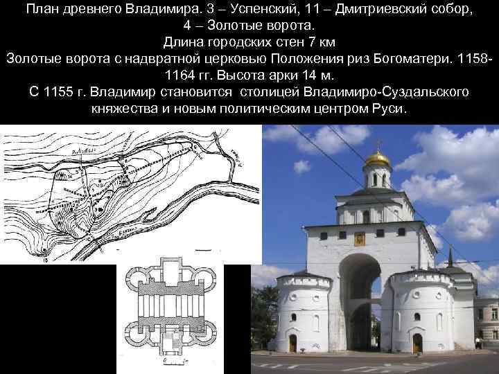 План древнего Владимира. 3 – Успенский, 11 – Дмитриевский собор, 4 – Золотые ворота.