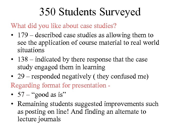 350 Students Surveyed What did you like about case studies? • 179 – described