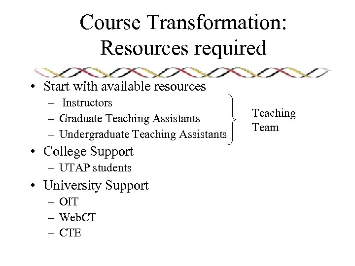 Course Transformation: Resources required • Start with available resources – Instructors – Graduate Teaching