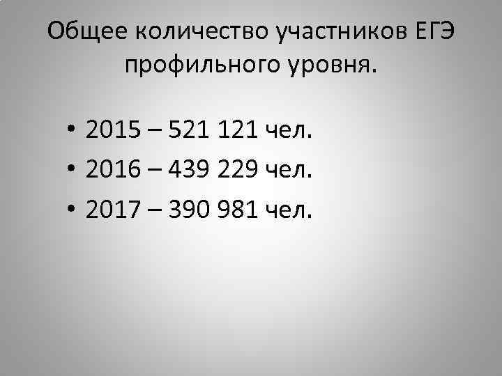 Общее количество участников ЕГЭ профильного уровня. • 2015 – 521 121 чел. • 2016