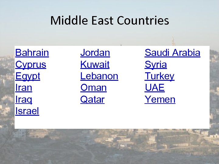 Middle East Countries Bahrain Cyprus Egypt Iran Iraq Israel Jordan Kuwait Lebanon Oman Qatar