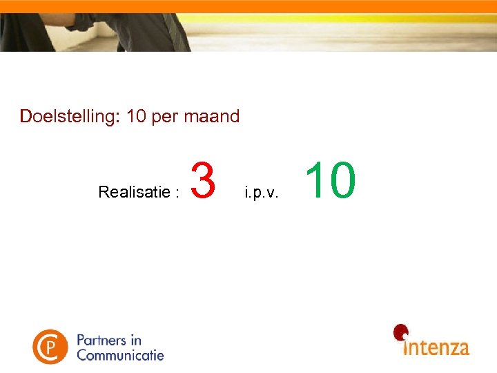 Doelstelling: 10 per maand Realisatie : 3 i. p. v. 10 