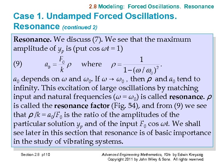 2. 8 Modeling: Forced Oscillations. Resonance Case 1. Undamped Forced Oscillations. Resonance (continued 2)