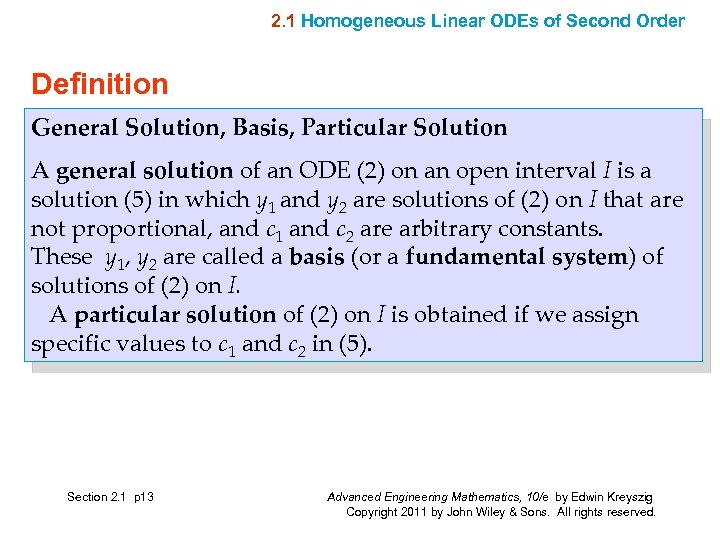 2. 1 Homogeneous Linear ODEs of Second Order Definition General Solution, Basis, Particular Solution