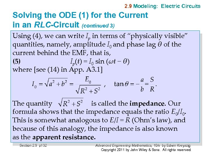 2. 9 Modeling: Electric Circuits Solving the ODE (1) for the Current in an