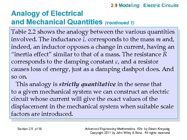 2. 9 Modeling: Electric Circuits Analogy of Electrical and Mechanical Quantities (continued 1) Table