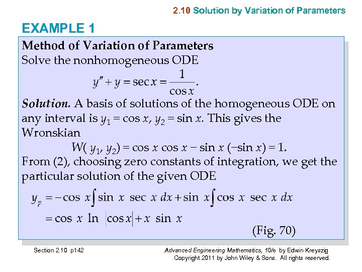 2. 10 Solution by Variation of Parameters EXAMPLE 1 Method of Variation of Parameters