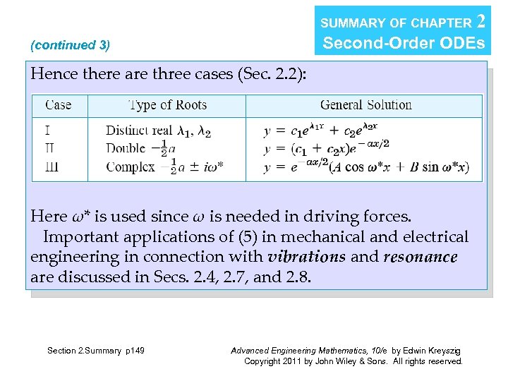 SUMMARY OF CHAPTER Second-Order ODEs (continued 3) Hence there are three cases (Sec. 2.