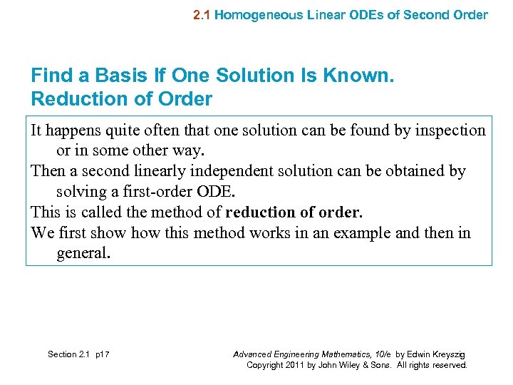 2. 1 Homogeneous Linear ODEs of Second Order Find a Basis If One Solution