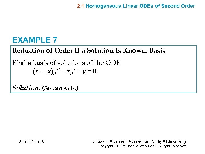 2. 1 Homogeneous Linear ODEs of Second Order EXAMPLE 7 Reduction of Order If