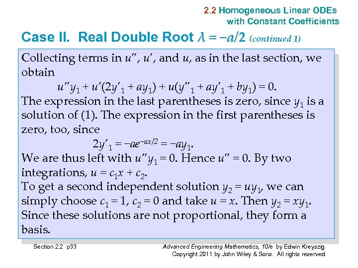 2. 2 Homogeneous Linear ODEs with Constant Coefficients Case II. Real Double Root λ