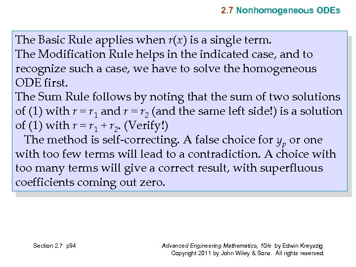 2. 7 Nonhomogeneous ODEs The Basic Rule applies when r(x) is a single term.