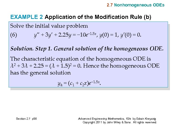 2. 7 Nonhomogeneous ODEs EXAMPLE 2 Application of the Modification Rule (b) Solve the