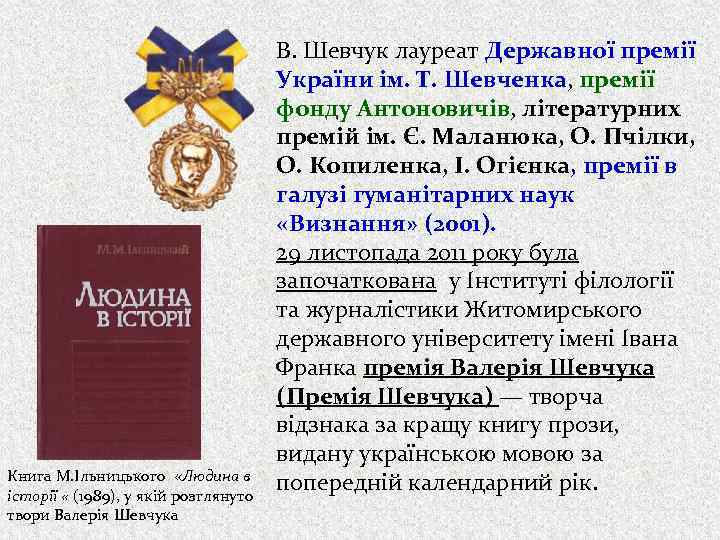 Книга М. Ільницького «Людина в історії « (1989), у якій розглянуто твори Валерія Шевчука