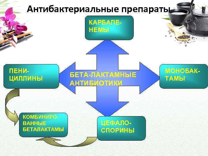 Антибактериальные препараты КАРБАПЕНЕМЫ ПЕНИЦИЛЛИНЫ КОМБИНИРОВАННЫЕ БЕТАЛАКТАМЫ БЕТА-ЛАКТАМНЫЕ АНТИБИОТИКИ ЦЕФАЛОСПОРИНЫ МОНОБАКТАМЫ 