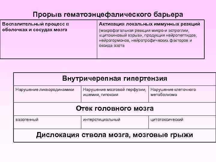 Прорыв гематоэнцефалического барьера Воспалительный процесс в оболочках и сосудах мозга Активация локальных иммунных реакций