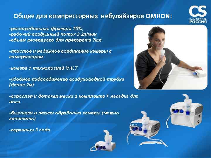 Общее для компрессорных небулайзеров OMRON: -респирабельная фракция 76%, -рабочий воздушный поток 3, 2 л/мин