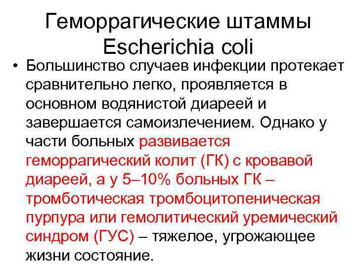 Геморрагические штаммы Escherichia coli • Большинство случаев инфекции протекает сравнительно легко, проявляется в основном