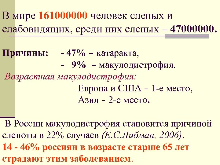 В мире 161000000 человек слепых и слабовидящих, среди них слепых – 47000000. Причины: -