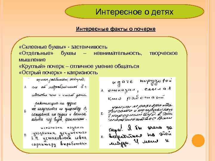 Интересное о детях Интересные факты о почерке «Склееные буквы» - застенчивость «Отдельные» буквы –