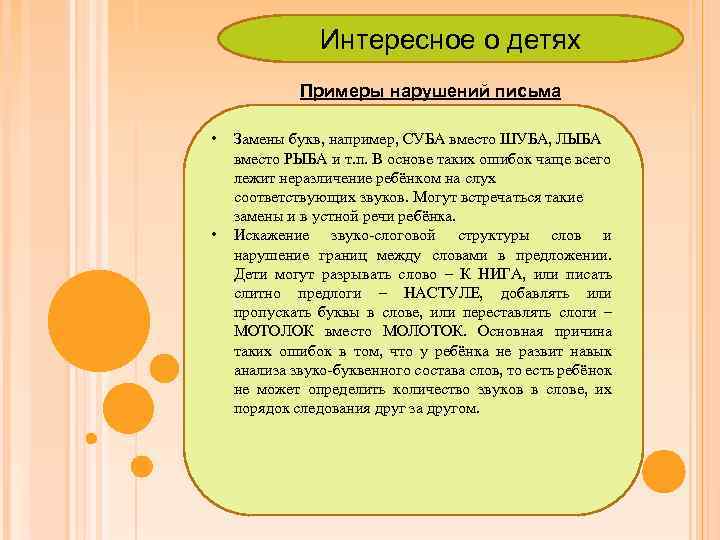 Интересное о детях Примеры нарушений письма • • Замены букв, например, СУБА вместо ШУБА,