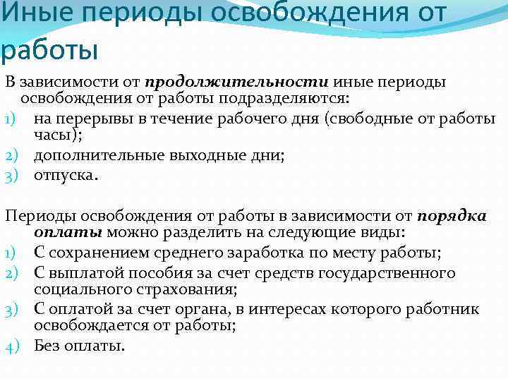 Периоды отдыха. Иные периоды освобождения от работы. Время отдыха, его виды. Иные периоды освобождения от работы. Что такое иные периоды работы. Отличие времени отдыха от иных периодов освобождения от работы.