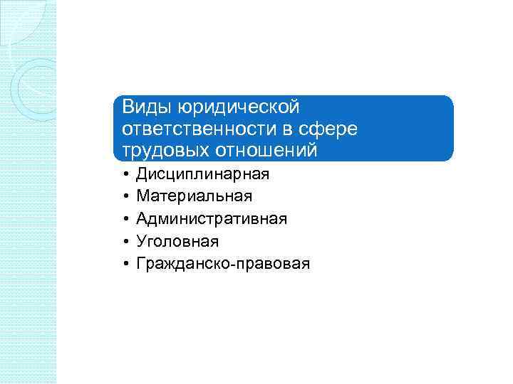 Виды юридической ответственности в сфере трудовых отношений • • • Дисциплинарная Материальная Административная Уголовная