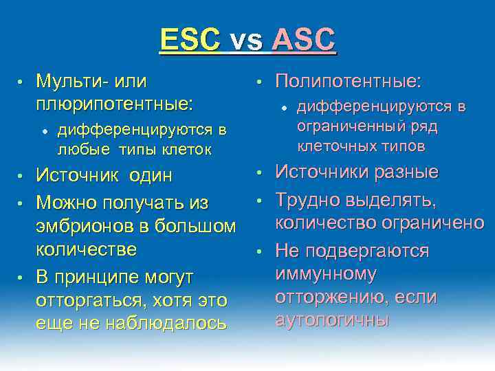 ESC vs ASC • Мульти- или плюрипотентные: l дифференцируются в любые типы клеток •