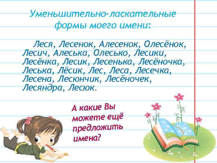 Уменьшительно-ласкательные формы моего имени: Леся, Лесенок, Алесенок, Олесёнок, Лесич, Алеська, Олесько, Лесики, Лесёнка, Лесик,