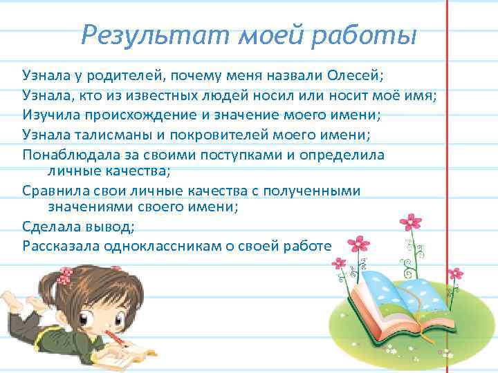 Результат моей работы Узнала у родителей, почему меня назвали Олесей; Узнала, кто из известных