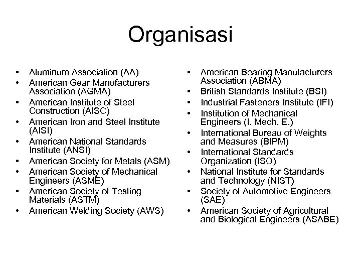 Organisasi • • • Aluminum Association (AA) American Gear Manufacturers Association (AGMA) American Institute