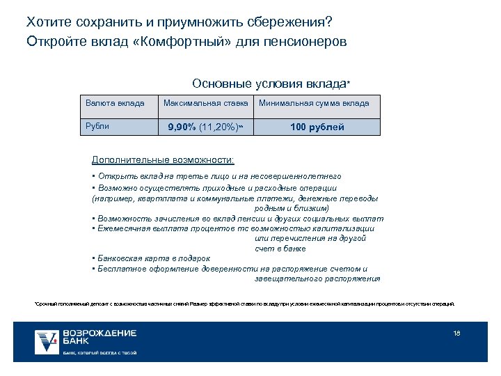 Хотите сохранить и приумножить сбережения? Откройте вклад «Комфортный» для пенсионеров Основные условия вклада* Валюта