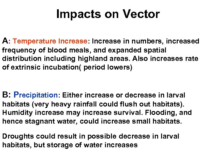 Impacts on Vector A: Temperature Increase: Increase in numbers, increased frequency of blood meals,