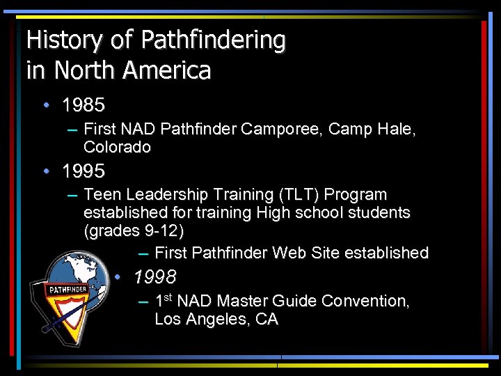 History of Pathfindering in North America • 1985 – First NAD Pathfinder Camporee, Camp